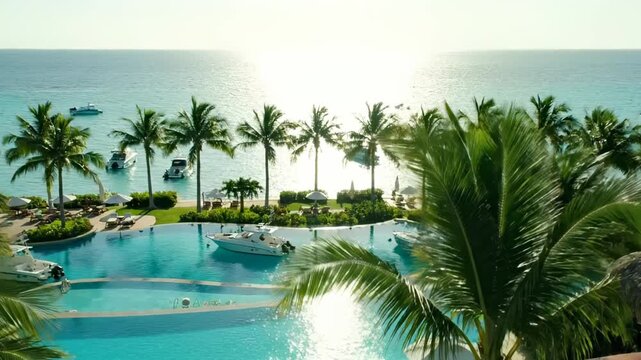 Man overlooks ocean from balcony. Pool and palm frame resort view. Yacht and boat float near shore. Vacation mood under warm tropical sun. Leisure moment of calm and reflection. Ideal travel clip.