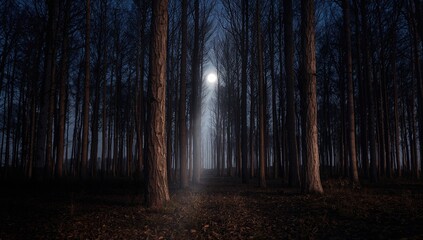 Naklejka premium Bright full moon rising through tree trunks in a forest clearing, seasonal change