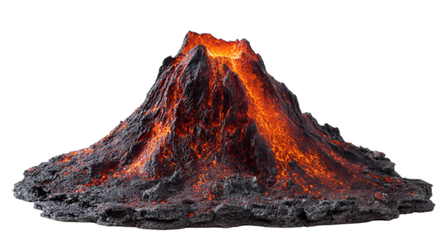 Volcano erupting with glowing lava flowing down its sides isolated on transparent background