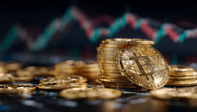 Golden Bitcoin coins stacked with a dynamic cryptocurrency trading graph showing market volatility and financial growth potential