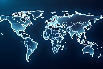 A futuristic world map with glowing light points and connecting lines, symbolizing global connections or data flow against a deep blue gradient background.