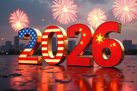 A festive 2026 New Year countdown featuring illuminated numbers with the American and Chinese flags, set against a city skyline fireworks display  symbolizing global celebration and unity in the new y