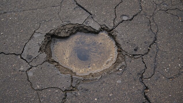 Cracked asphalt pavement with a dirty water puddle, symbolizing road maintenance challenges and car insurance risks