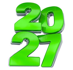 Glossy lime green 2027 numbers with chrome edges, representing the future calendar year.