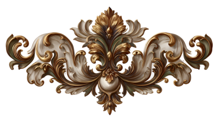 Ornate gilded baroque architectural decorative element isolated on transparent background