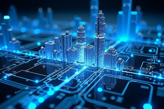 A futuristic cityscape built on a glowing circuit board, symbolizing smart technology and digital infrastructure. Blue lights pulse through skyscrapers and data pathways, representing innovation, conn