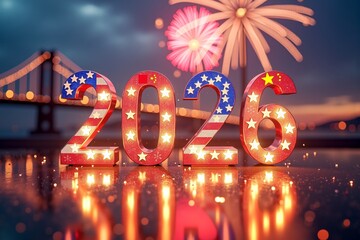 A festive 2026 countdown display with illuminated numbers, each adorned with the flags of China and the USA symbolizing international celebration or partnership set against a backdrop of fireworks a