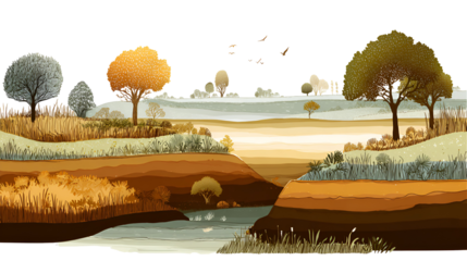 Stylized autumn landscape with trees and river isolated on transparent background