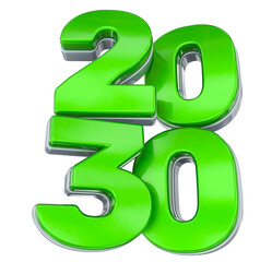 Vibrant, shiny green 2030 year number rendered in 3D, symbolizing future growth and sustainability.