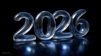 Transparent glass numbers representing the year 2026 on a dark background with soft reflections and highlights for a futuristic theme