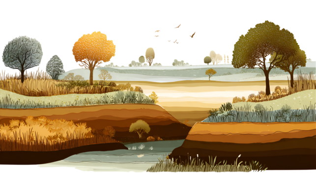 Stylized autumn landscape with trees and river isolated on transparent background - Powered by Adobe