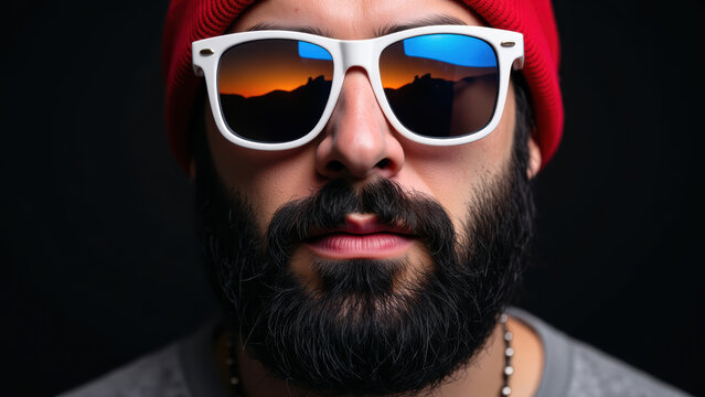 Stylish man wearing sunglasses with reflections of sunset, showcasing confident expression and trendy red beanie