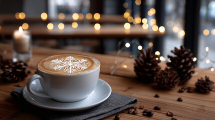 Cozy Caf&eacute; Winter Flat Lay coffee shop seasonal menu banner, cup of latte with snowflake art on foam, ambient wood table 