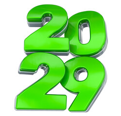 3D Render of the Year 2029 in Glossy Green and Silver, Isolated on a Transparent Background for Design Use