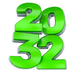 3D rendering of the year 2032 in vibrant glossy green material with chrome metallic outlines, isolated for futuristic concepts.