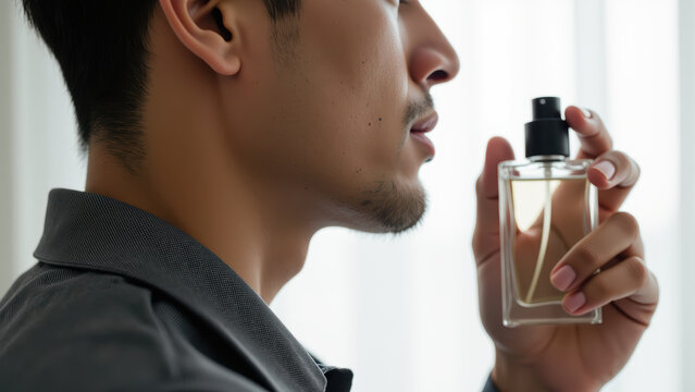 Man holds perfume bottle, showcasing moment of personal grooming and elegance. soft lighting enhances atmosphere of sophistication and allure