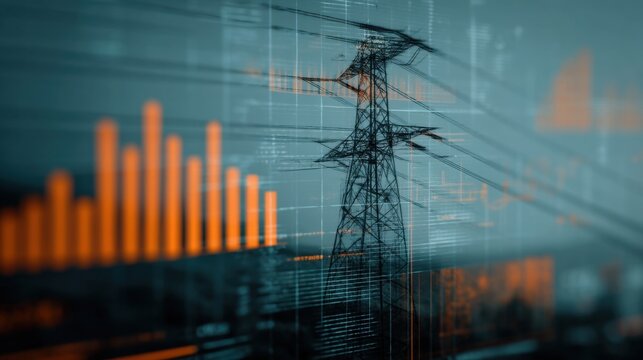 Modern Power Grid with Electric Tower and Data Visualization Representing Energy Flow, Efficiency, and Technological Innovation in the Energy Sector