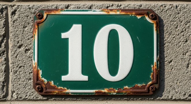 Illustration of closeup of a green house number ten on a textured wall, outdoors