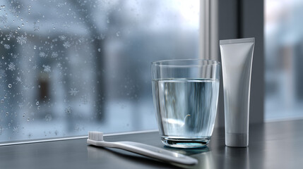 realistic 3D scene of clear glass of water, white toothbrush Clean Dental Winter Ad Concept 