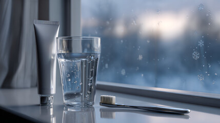 realistic 3D scene of clear glass of water, white toothbrush Clean Dental Winter Ad Concept 