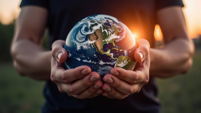 Holding earth globe hands sunset nature environment care protection global awareness
