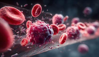 Red blood cells travel through a human artery, illustrating the dynamic environment of blood flow. The image shows immune cells responding to the presence of bacteria within the bloodstream