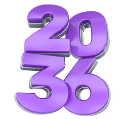 Shiny purple textured 3D number 2036 with metallic edging, symbolizing the future and celebrations.