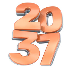 Glossy 3D Year 2037 Numbers in Peach and Silver Metallic Finish Isolated on White.