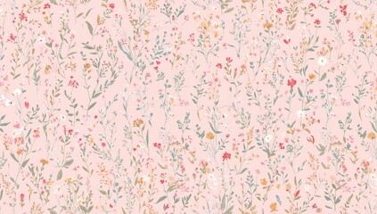 Delicate floral design featuring a gently blooming meadow with small flowers and green leaves on a soft pink backdrop, ideal for romantic themes