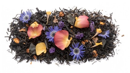 Black ceylon tea infused with rose petals, cornflowers, and sunflower, highlighting floral notes and herbal benefits