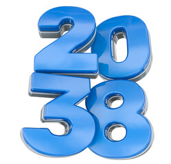 3D bright blue glossy number 2038 with shiny chrome borders isolated on a white background.