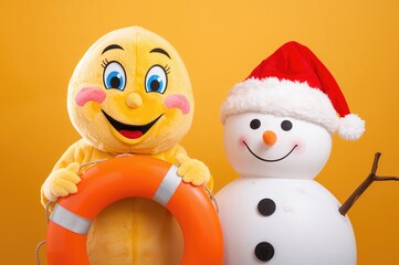 Animated figure holding a flotation ring beside a snowman adorned with a festive hat against a bright yellow backdrop