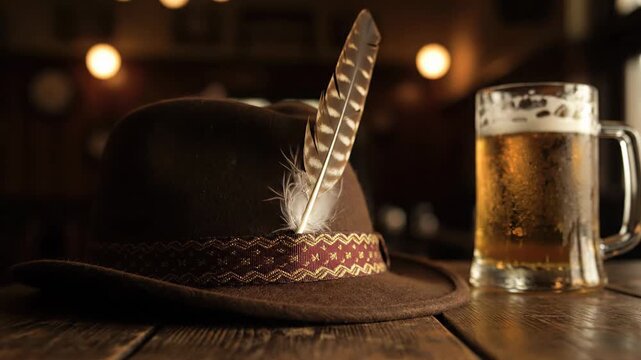 Traditional bavarian felt hat with a feather and a foamy glass mug of cold beer standing on a wooden table in a pub celebrating Oktoberfest