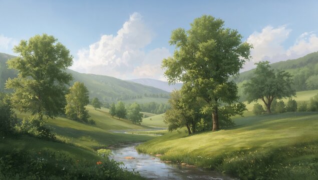 Artworks depicting serene scenes in a lush valley