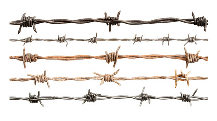Five different types of barbed wire strands isolated on transparent background