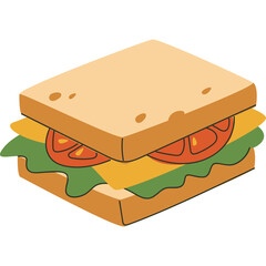 Flat Graphic Design Illustration of a Toasted Sandwich with Cheese Lettuce and Tomato on a Transparent Background.