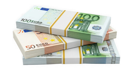 Stacks of 100 and 50 euro banknotes representing finance wealth