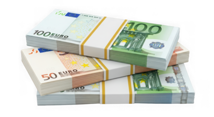 Stacks of 100 and 50 euro banknotes representing finance wealth