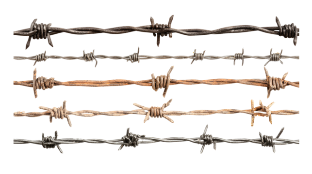 Five different types of barbed wire strands isolated on transparent background - Powered by Adobe