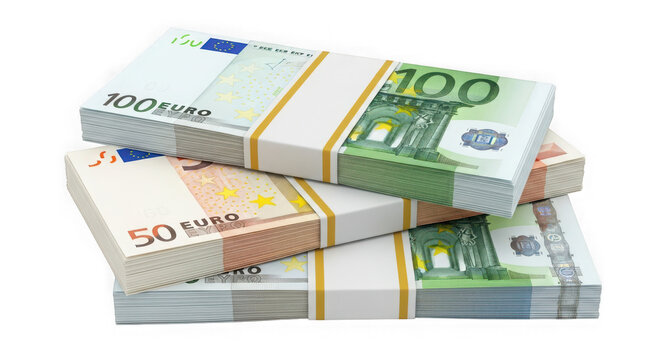 Stacks of 100 and 50 euro banknotes representing finance wealth
