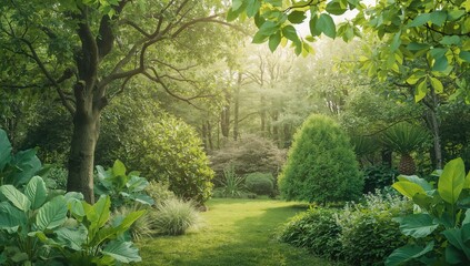 Garden scene with leafy backdrop