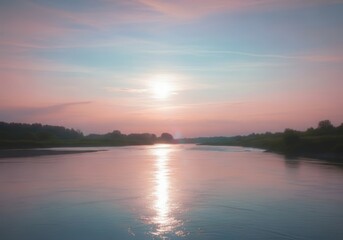Fototapeta premium Illustration of peaceful river landscape at sunset or sunrise with reflection on water