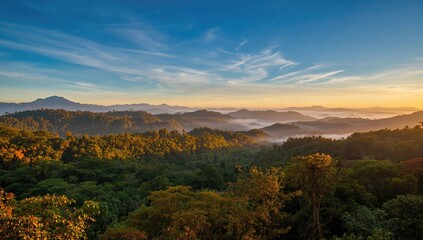 Morning landscape in Malaysia, vibrant green scenery and sky, ideal for travel and nature themes