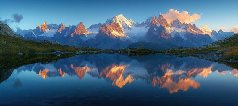 Serene mountain range with snow-capped peaks reflecting in a calm lake under a clear blue sky during golden hour