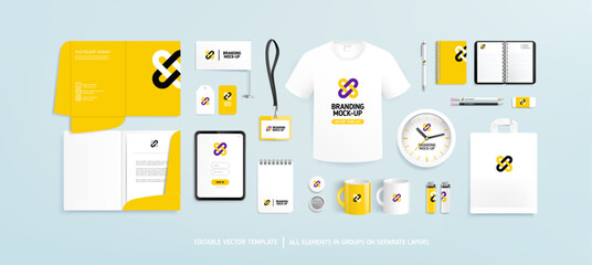 Yellow Brand Identity and Business Stationery Mockup set with minimalistic abstract graphics design. Office stationary items mockup for logo presentation - editable template. Company corporate style