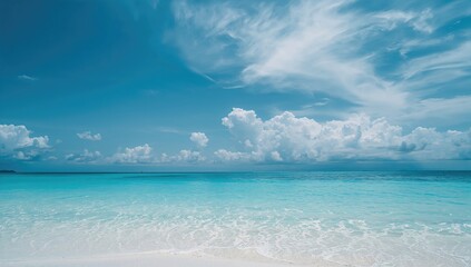 Fototapeta premium Japan's white sandy beach and clear blue ocean, ideal backdrop for summer travel, Earth Day