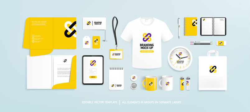Yellow Brand Identity and Business Stationery Mockup set with minimalistic abstract graphics design. Office stationary items mockup for logo presentation - editable template. Company corporate style