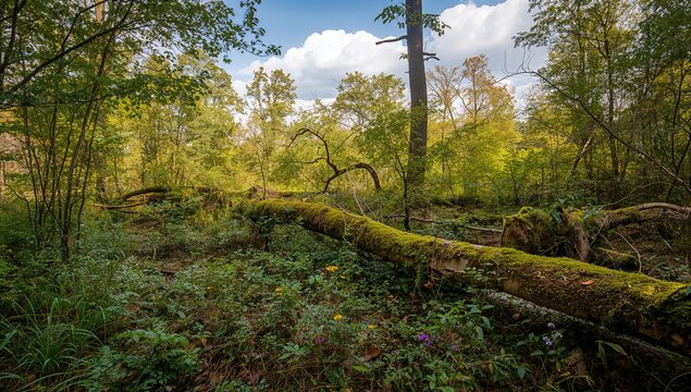 A fallen tree covered in moss at a nature preserve, highlighting preservation efforts