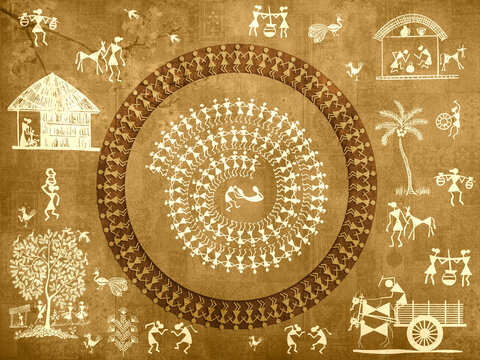 3D illustration, Texture Background Indian Tribal Warli Art Seamless Pattern, Interior Decoration Warli Painting Design