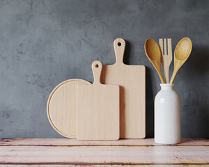 Stylishly display wooden cutting boards and utensils adding rustic charm to any kitchen, perfect for food photography or lifestyle blog headers!